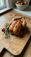 Golden roasted whole chicken on rustic wooden cutting board with fresh rosemary herbs in bright kitchen setting for cooking and food preparation.