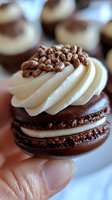 Chocolate macaron with vanilla buttercream frosting and chocolate crunch topping, close-up view showing rich texture and layers of sweet filling between dark cookies.