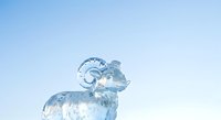 Ice sculpture of a ram with curved horns against clear blue sky, suitable for winter themes, holiday marketing, and seasonal design projects.