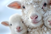 Close up portrait of young white lambs with soft wool and pink noses against light background, showing gentle expressions and innocent eyes.