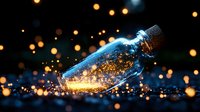 Magical glowing glass bottle with golden sparkles and light particles against dark background, creating mystical atmosphere for fantasy designs.