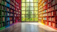 Rainbow colored library bookshelves line walls leading to bright window with nature view, empty wooden floor creates inviting reading space atmosphere.