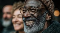 Joyful elderly African American man with gray beard and glasses laughing warmly at social gathering with friends in background creating authentic moment.