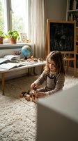 Young girl playing with wooden toys in cozy home learning environment with chalkboard easel and study materials for educational development and creative play.