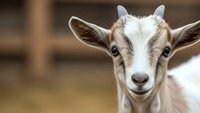 Young brown and white goat kid with alert ears looking directly at camera in farm setting with soft blurred barn background for agricultural content.