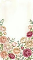 Watercolor ranunculus flowers frame with eucalyptus leaves on soft pink background for wedding invitations and romantic designs.