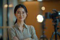Young Asian female professional wearing glasses and business attire smiles confidently with arms crossed in modern office setting with camera equipment in background.