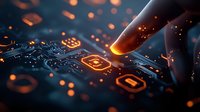 Glowing circuit board with digital binary code elements and robotic finger touching illuminated microchip surface against dark background with orange particles.
