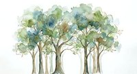 Watercolor forest grove with green leafy trees on white background, nature landscape painting for home decor and botanical art projects.