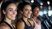 Diverse group of athletic women smiling during workout at modern fitness center. Focus on positive emotions and healthy lifestyle at gym training.