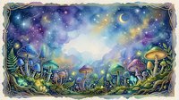 Enchanted forest landscape with glowing mushrooms, crescent moon, and starry night sky in whimsical fantasy setting for magical themed designs.
