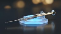 Medical syringe with needle on blue illuminated surface in laboratory setting for healthcare and pharmaceutical research applications.