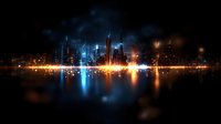 Modern cityscape skyline reflected in water at night with glowing lights and dramatic sky, featuring illuminated skyscrapers and vibrant color reflections.