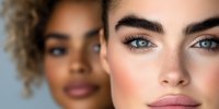 Close up portrait of diverse women faces with natural makeup, glowing skin, and expressive eyes showing beauty in diversity and modern cosmetic advertising concept.
