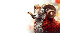 Festive ram with curved horns wearing red sweater on white background for holiday greeting cards and seasonal marketing materials.