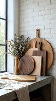 Wooden cutting boards and kitchen utensils arranged on concrete table against white brick wall with eucalyptus branch for rustic home decor styling.