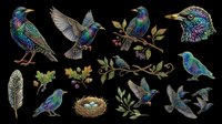 Colorful starling birds clipart set isolated on transparent background, featuring nests, feathers, berries, and branches, ready for stickers, T-shirts, and print on demand.