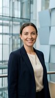 Confident young businesswoman smiling in modern office building with glass architecture background for corporate and professional marketing materials.