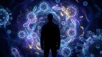 Man silhouette standing against glowing virus particles and DNA strands in blue purple space for medical research healthcare science education concepts.