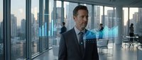 Professional businessman in dark suit interacting with futuristic holographic interface in modern office with city skyline view through large windows.