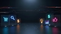 Glowing neon business icons including shopping cart, search, dollar signs, lightbulb, chart and thumbs up displayed on dark futuristic surface.