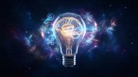Glowing light bulb with brain and digital technology icons on dark space background, representing innovation, artificial intelligence, and creative thinking solutions.