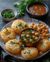 Traditional Indian appetizer plate with crispy puri bread, spiced chickpea curry garnished with fresh herbs, and tangy tamarind chutney served on ceramic plate.