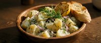 Warm potato salad with fresh dill, creamy dressing, and toasted bread served in rustic wooden bowl on dark table for food photography and culinary content.