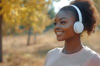 Young African American woman with natural curly hair wearing white wireless headphones smiles while enjoying music outdoors against autumn background in soft evening light.