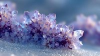 Magical purple and blue crystal formation with translucent gemstone clusters against dreamy blurred background, creating ethereal mineral display.