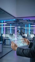 Businessman holding transparent digital tablet with holographic data analytics interface in modern office with neon lighting and colleagues working in background.
