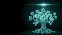 Digital tree with glowing circuit patterns and technological roots on dark background for fintech, blockchain, cryptocurrency, and digital transformation concepts.