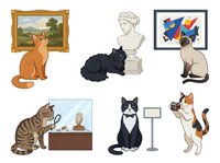 Cats viewing artwork in gallery setting, appreciating paintings and sculptures. Isolated clipart collection ready for design projects, educational materials, and creative compositions.