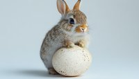 Adorable brown bunny sitting on large white egg against light background, Easter holiday concept for greeting cards and seasonal decorations.
