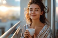 Young Caucasian woman with natural makeup and tousled hair enjoying morning coffee near window, wearing striped robe, warm sunlight creating cozy atmosphere.