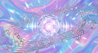 Holographic music notes swirling in cosmic spiral with iridescent purple pink blue gradients creating ethereal sound wave visualization for digital art projects.