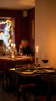 Romantic dinner table setting with red wine glasses and lit candle creating warm ambiance for intimate evening dining experience in cozy restaurant.