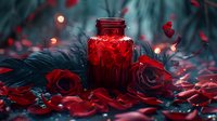 Dark mystical composition with red glass jar surrounded by rose petals, black feathers and glowing bokeh lights creating magical romantic atmosphere in moody forest setting.