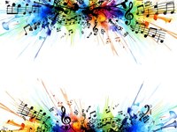 Colorful musical notes and treble clef symbols with vibrant rainbow watercolor splashes creating dynamic frame on white background for music design projects.