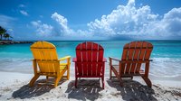 Colorful adirondack chairs on white sandy beach with turquoise ocean water and fluffy clouds in bright blue sky, tropical vacation relaxation scene.