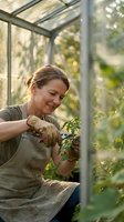Middle-aged Caucasian woman gardener pruning plants in sunny greenhouse wearing apron and gloves during organic cultivation and sustainable farming activities.