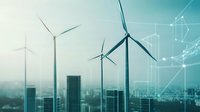 Wind turbines and modern city skyline with futuristic network overlay, representing sustainable urban development and smart city technology in renewable energy sector.