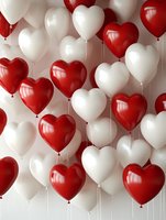 Red and white heart-shaped balloons creating a romantic backdrop for Valentine's Day, weddings, or anniversary celebrations.