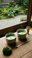 Traditional Japanese matcha tea ceremony setup with two ceramic bowls, bamboo whisk and wooden spoon on tatami mat overlooking serene zen garden with ferns and moss.