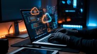 Cybersecurity expert analyzing digital threats on laptop with holographic security icons and data visualization in modern tech workspace environment.