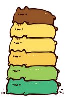 Cute stacked cat-shaped characters in different colors from brown to turquoise, arranged vertically on white background. Kawaii style illustration for children design.