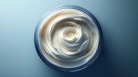 Luxurious white cosmetic cream swirl in round jar viewed from above on blue gradient background, showing smooth texture and moisturizing properties for skincare advertising.