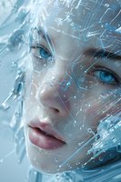 Ethereal female face with bright blue eyes overlaid with glowing circuit patterns and digital elements in cool tones, representing artificial intelligence and technology.