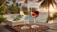 Two elegant wine glasses with white and rosé wine on wicker tray at tropical beach resort during golden sunset with palm trees creating romantic vacation atmosphere.