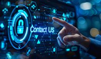 Digital contact interface with hand touching futuristic screen displaying contact us button and security icons, perfect for business communication and customer service concepts.
